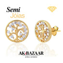 Brinco Árvore da Vida Cravejada com Zircônias SemiJoia Banhada a Ouro 18k