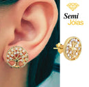 Brinco Árvore da Vida Cravejada com Zircônias SemiJoia Banhada a Ouro 18k